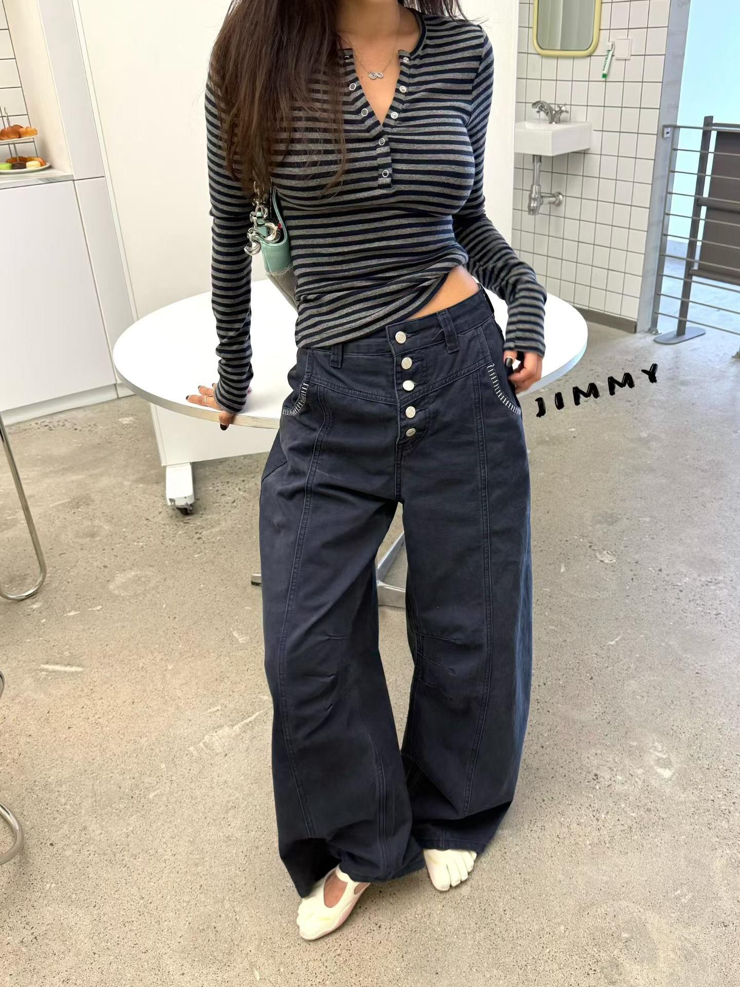 縫線排扣高腰牛仔褲